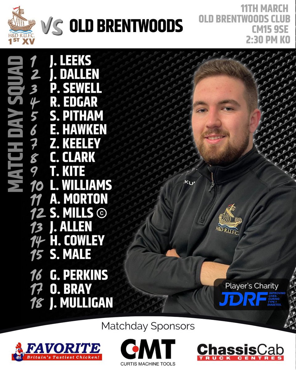 📢 Here’s your H&amp;D 1st XV squad to face Old Brentwoods in tomorrow’s Counties 2 Essex Shield Final. 

Old Brentwoods 🆚 H&amp;D (AWAY) 
🏉 Counties 2 Essex Shield Final  
⌚️ 2:30 pm KO 
📍 CM15 9SE

▪️Family ▫️Community ▪️Respect ▫️Teamwork ▪️Enjoyment ▫️Discipline ▪️Sportsmanship