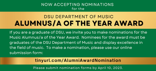 DeltaStateMusic's tweet photo. DSU Music: It's Time to Nominate Outstanding Alumni - https://t.co/xoEFNpugxV
Attention, DSU Alumni: you are invited to make nominations for the DSU Department of Music Alumnus/a of the Year Award. Deadline: April 10, 2023. Submission form: https://t.co/l7xmtel76F https://t.co/9UDrus14CP