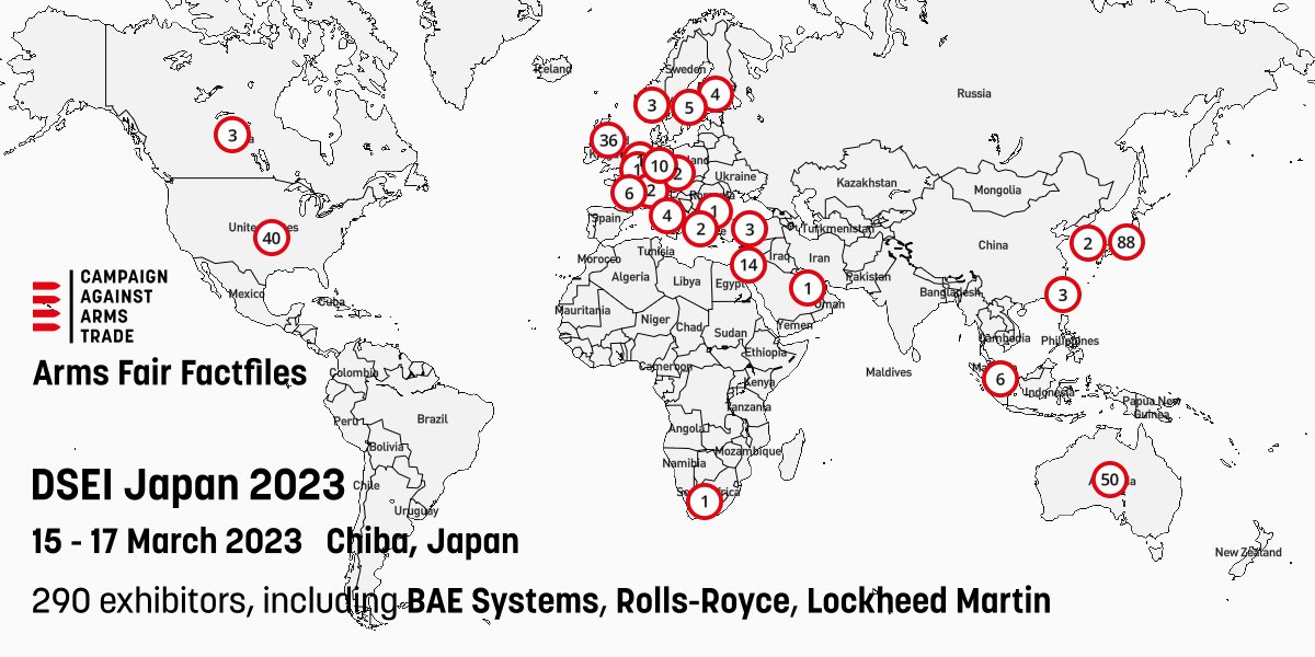 CaatData's tweet image. DSEI Japan 2023 has been added to CAAT's arms fair map, along with 87 UK companies exhibiting. caat.org.uk/resources/arms…