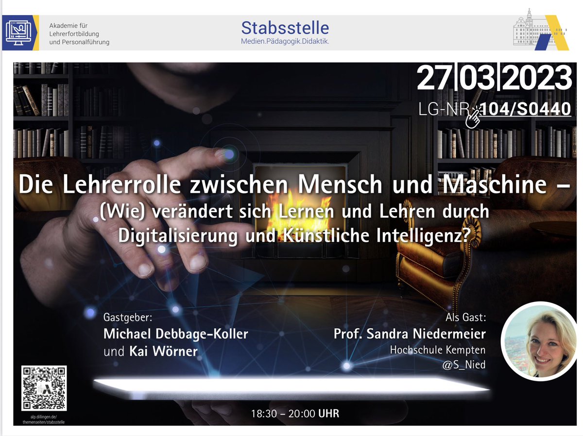 Woe_Real's tweet photo. @DebbageMichael und ich laden wieder an unseren virtuellen Kamin ein. Dieses Mal nähern wir uns dem Thema #KI von einer anderen Seite und haben dazu @S_Nied eingeladen. Jetzt schon anmelden 👉🏻 https://t.co/EEu8htDEO7 @Stabsstelle_ALP @KM_Bayern #BayernEdu #Twlz https://t.co/5GOtkMQFqe