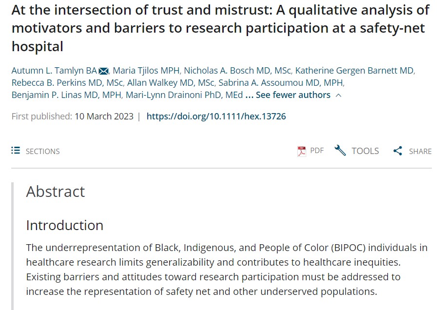 Congratulations to our Research Study Coordinator @autumn_tamlyn for getting her first manuscript about #medicalmistrust & #researchbarriers @The_BMC published! 🎉 Read here: onlinelibrary.wiley.com/doi/10.1111/he…