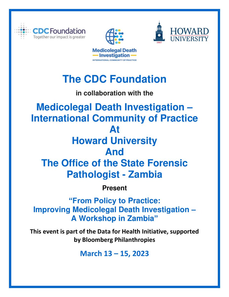 MLDI_ICoP's tweet photo. The Medicolegal Death Investigation International Community of Practice and the Office of the State Forensic Pathologist- Zambia Present
"From Policy to Practice: Improving Medicolegal Death Investigation-A Workshop In Zambia"
#MLDI #MLDI_ICOP #CoP #CommunityofPractice https://t.co/02xR1HX1BH