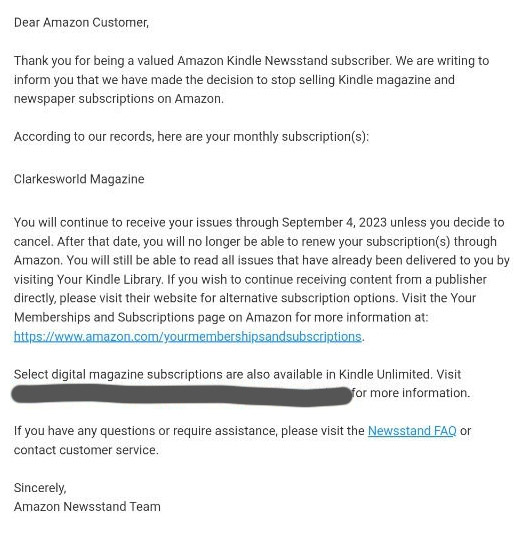 Amazon notified subscribers today that they are ending all print and digital subscriptions in September. This is what I was talking about in December. Our current editorial addresses how we're moving forward. clarkesworldmagazine.com/clarke_03_23/