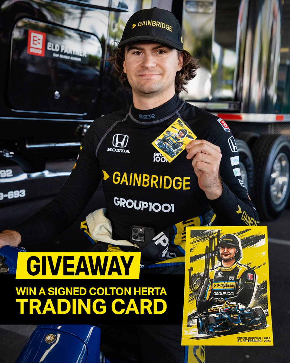 Gainbridge (@gainbridgelife) on Twitter photo Retweet and follow to win!
Signed <a href="/ColtonHerta/">Colton Herta</a> limited edition trading card from the opening <a href="/IndyCar/">NTT INDYCAR SERIES</a> race of the season at <a href="/GPSTPETE/">GPSTPETE</a>. Retweet and follow to win!
Signed <a href="/ColtonHerta/">Colton Herta</a> limited edition trading card from the opening <a href="/IndyCar/">NTT INDYCAR SERIES</a> race of the season at <a href="/GPSTPETE/">GPSTPETE</a>.