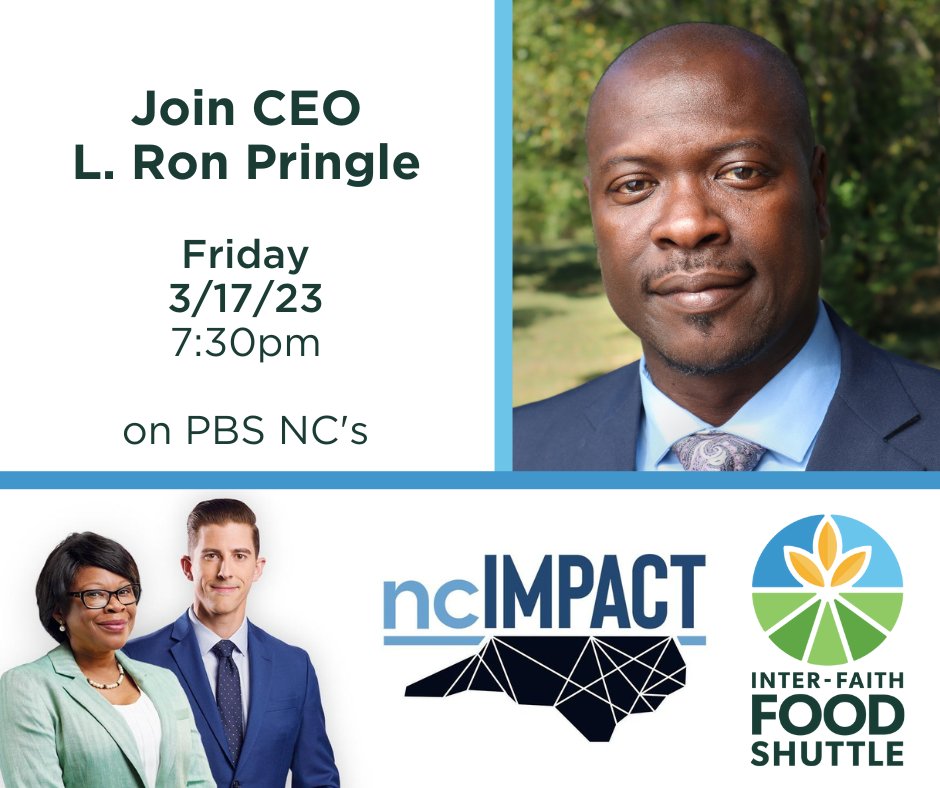 FoodShuttle's tweet photo. Tune in to @MyPBSNC for CEO Ron Pringle on ncIMPACT's "Increasing Food Access" episode Fri 3/17/23 at 7:30p! 

#FoodInsecurity #PBSNC #ncIMPACT #AnitaBrownGraham #FoodShuttle #HungerFreeCommunity #FeedTeachGrow #HungerFreeNC #UNCSchoolofGovernment https://t.co/IWBSgpEuxR