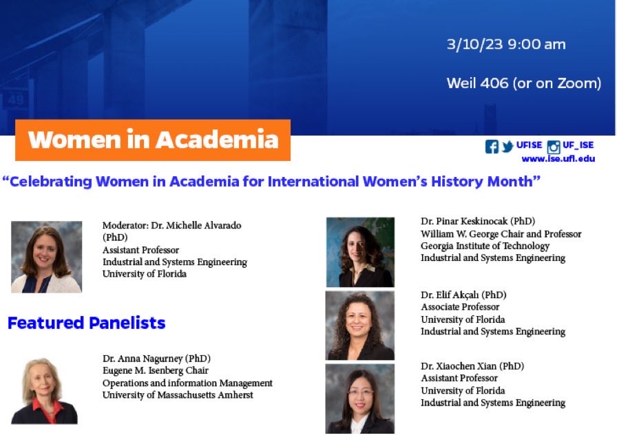 Enjoying the @ufise Women in Academia panel to celebrate #WomenHistory with ⁦<a href="/Supernetworks/">Anna Nagurney</a>⁩ ⁦<a href="/EAkcali/">Elif Akcali (she/her)</a>⁩ moderated by ⁦<a href="/DrmichelleAlv/">Dr Michelle Alvarado</a>⁩. Thanks to <a href="/akazachk/">Aleksandr Kazachkov</a> for technical assistance!
