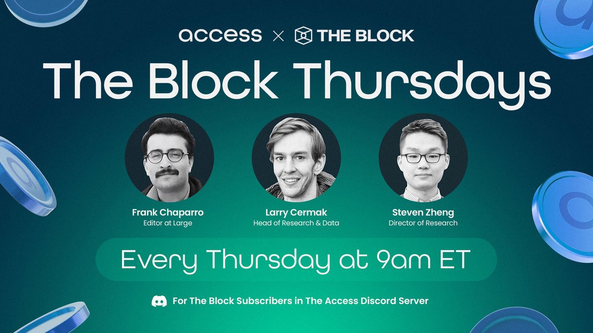 AccessProtocol's tweet photo. Announcing @TheBlock__ Thursdays, featuring @lawmaster, @Dogetoshi, and @fintechfrank. 

Each Thursday their team will be covering various topics across crypto, exclusive to The Block's Access Subscribers. https://t.co/LkVdSd9Rm7
