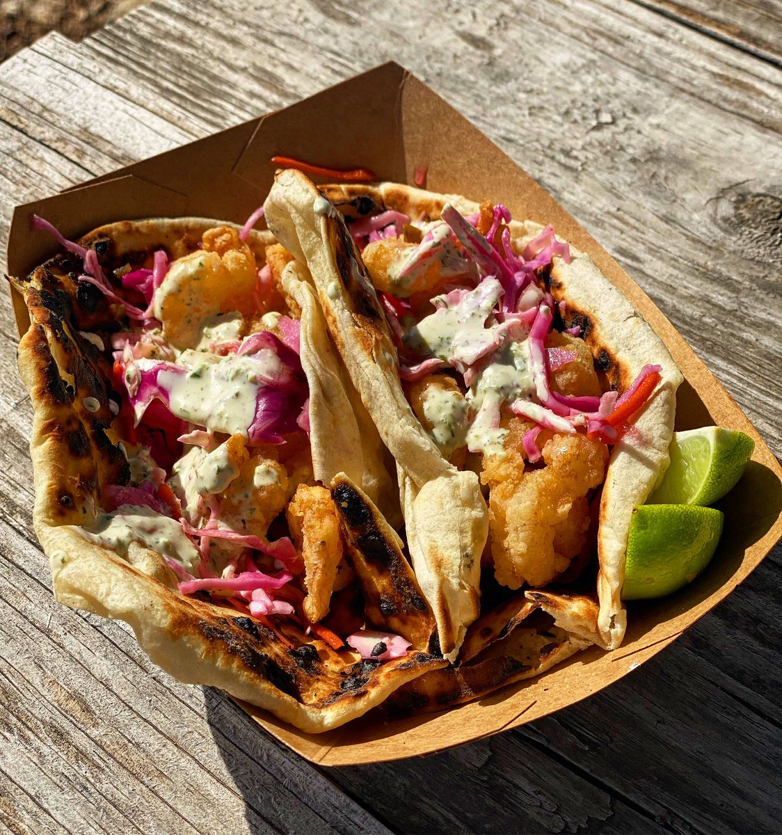 Popcorn shrimp, butter tortillas, tangy slaw and cilantro lime ranch set these tacos off!! At $5 each, they’re worth ordering on the side with your bbq even if you’re not observing lent traditions. Open 11-8pm or sold out. #saltpepperandawholelottaprayer