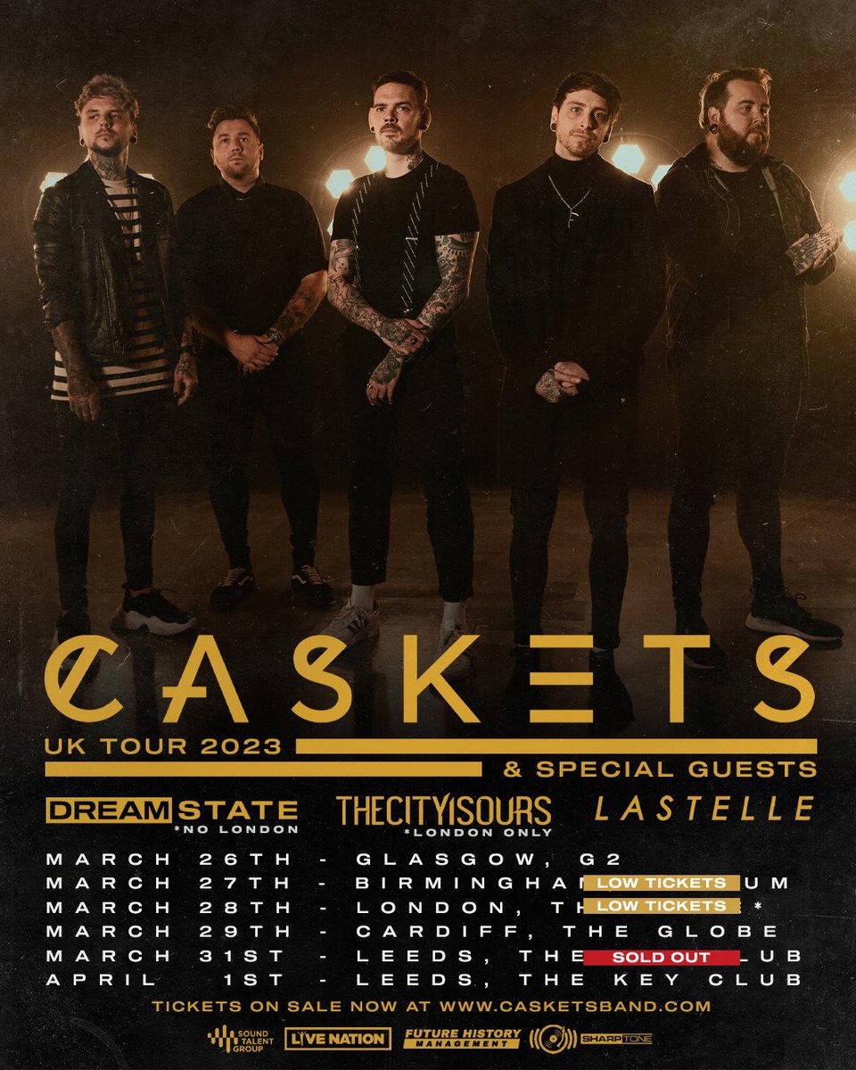 Caskets_band's tweet image. Excited to have the wonderful @DreamStateUK @LASTELLEBAND &amp;amp; @THECITYISOURSUK join us on our headline run later this month! 💛

Tickets are running very low on select dates so make sure to grab them fast 🎫 

casketsband.com