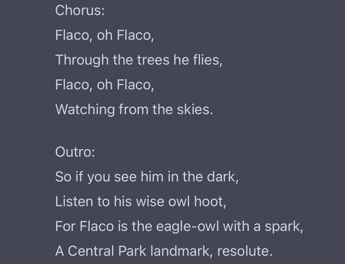 kimmielovie's tweet photo. We asked #ChatGPT to write a song about Flaco (NYC’s beloved Eurasian eagle-owl) in the style of Elton John. Wow. #birdcpp #birdcp https://t.co/9tspVFQDrj