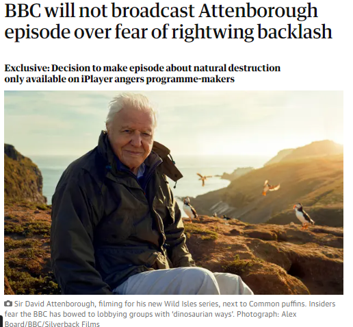 sleguilFR's tweet photo. Fou mais révélateur : au 🇬🇧, la BBC censure un épisode de documentaire TV sur la destruction de la nature avec le célèbre naturaliste David Attenborough "par peur de représailles de la droite conservatrice". La chaîne est sous la pression de lobbies, notamment de l'agroindustrie. https://t.co/zUOXiTjLZL