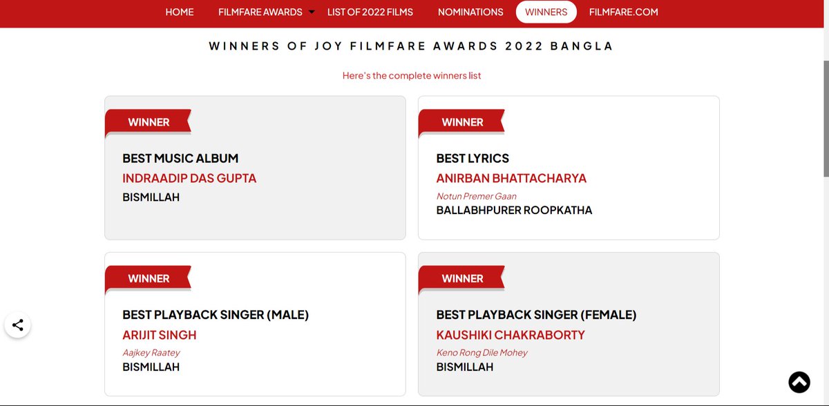 #KaushikiChakraborty has won the Best Playback Singer (Female) award for the song #KenoRongDileMohey and, the music album of #Bismillah has won the Best Music Album award in #JoyFilmfareAwardsBangla 2022.

Congratulations @iindraadip, @Atmojoarjalojo, @Singer_kaushiki!