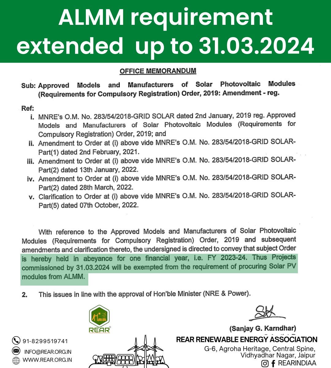 Requirement of #ALMM modules for various projects under some specific schemes including #Net_metering and #open_access has been #extended for the upcoming financial year i.e. 𝗙𝗬 𝟮𝟬𝟮𝟯-𝟮𝟰 which is till 𝟯𝟭.𝟬𝟯.𝟮𝟬𝟮𝟰 !!!

#rear #almm #solar #pvmodules