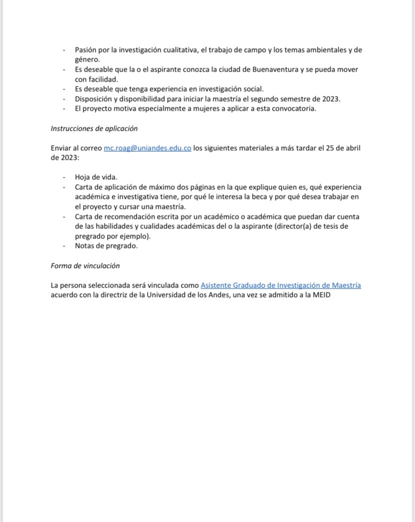 Gente de #Buenaventura y alrededores: tenemos una beca para Maestría en Estudios Interdisciplinarios sobre Desarrollo en <a href="/CiderUniandes/">Cider Uniandes</a> en el marco del proyecto “Culturas anfibias, desarrollo urbano y cambio climático en dos ciudades puerto”. Por favor compartir.