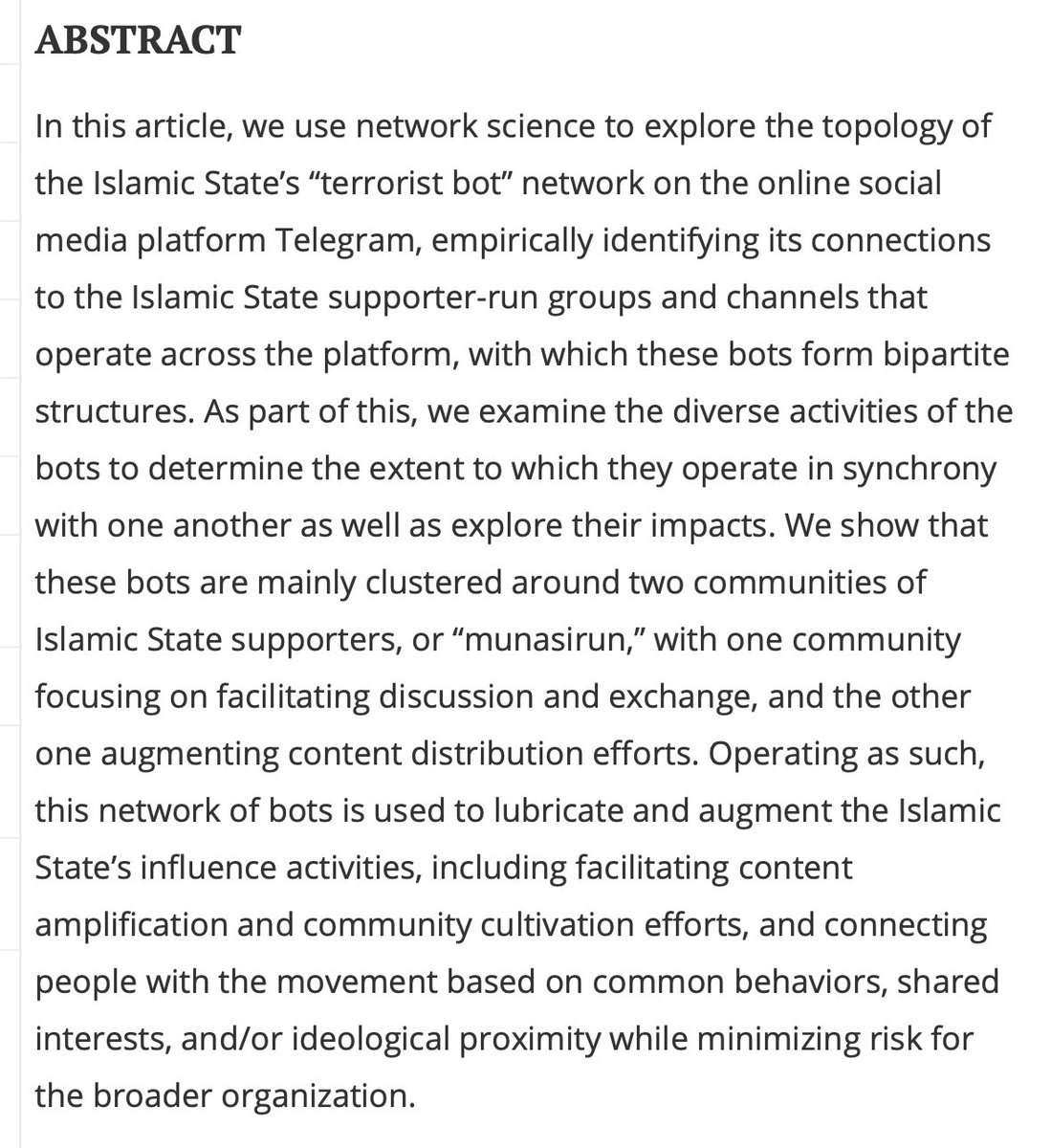 New article in @terpolv from @Ex_Trac cofounders Abdullah Alrhmoun and @charliewinter, writing with @janos_kertesz: Using network science to explore the role of bots in terrorist communities. tandfonline.com/doi/full/10.10…