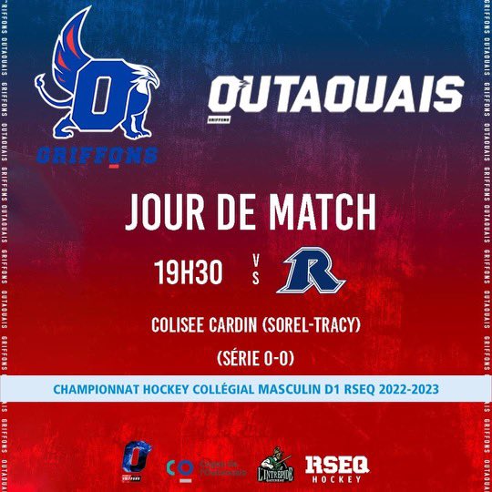 GriffonsL's tweet photo. 🚨JOUR DE MATCH DE SÉRIES🚨

Premier match de série ce soir!

📍 Colisée Cardin (Sorel-Tracy)
🕛 19h30
🆚 @rebelleshockey 
📺 https://t.co/0att6nVIo4

#Griffons #Intrepide #Outaouais #Playoffs https://t.co/G3z2Qvl24Y