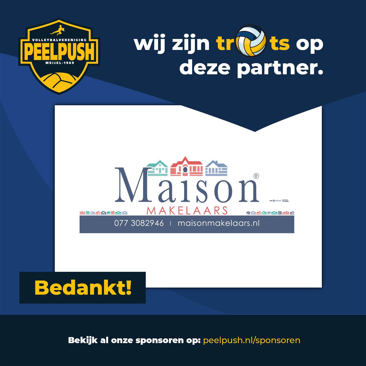 Wij zijn trots op Maison makelaars als sponsor. Bedankt!
maisonmakelaars.nl
#peelpush #sponsor #koopbijonzesponsoren #zondersponsorsgeenclub