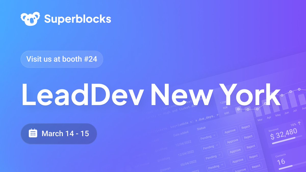 Attending #LeadDevNewYork with @theleaddev? Stop by Superblocks booth #24 to see a demo, learn about how to save 100s of developer hours building custom internal tools, and enter our AirPods Pro raffle! Register here: bit.ly/3ytStAm
