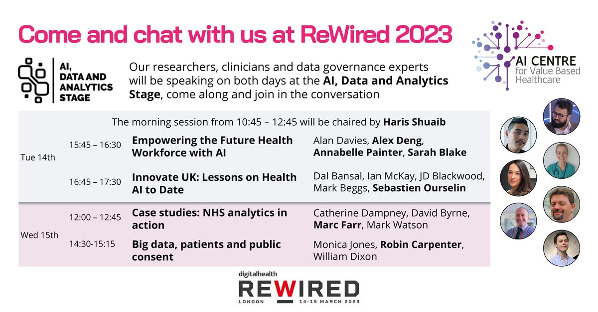 AI Centre for Value Based Healthcare (@ai4vbh) on Twitter photo Great to have such a strong AI Centre presence at <a href="/DHRewired/">Digital Health Rewired</a> 2023. You can find our affiliated speakers at the AI, Data and Analytics Stage!
#clinicalai #ai4nhs #Rewired23
<a href="/01_carpenter/">Robin Carpenter</a> Great to have such a strong AI Centre presence at <a href="/DHRewired/">Digital Health Rewired</a> 2023. You can find our affiliated speakers at the AI, Data and Analytics Stage!
#clinicalai #ai4nhs #Rewired23
<a href="/01_carpenter/">Robin Carpenter</a>