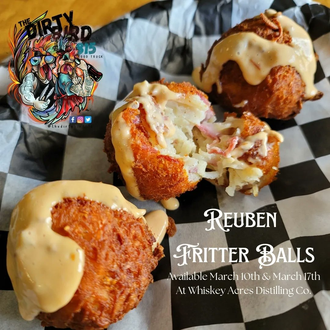 Join The Dirty Bird Food Truck for our first event this season at <a href="/WhiskeyAcres/">Whiskey Acres</a> with the <a href="/SycamoreLibrary/">Sycamore Library</a> tonight! Eat Dirty, Eat Delicious, Eat Dirty Bird 🐔

☘️ FOOD TRUCK ☘️
🕓 5:00-8:00pm
📍 11504 Keslinger Rd, DeKalb
🍽️ Special - Reuben Fritter Balls