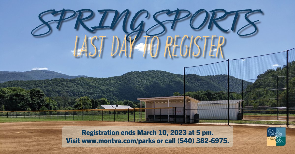 mcparksrec's tweet photo. Today, March 10 is the last day to sign up for spring sports. 
The deadline is 5 pm, and you can call our office at (540) 382-69754 or visit https://t.co/KI1XTNDlxj. https://t.co/7p4ICkO81L