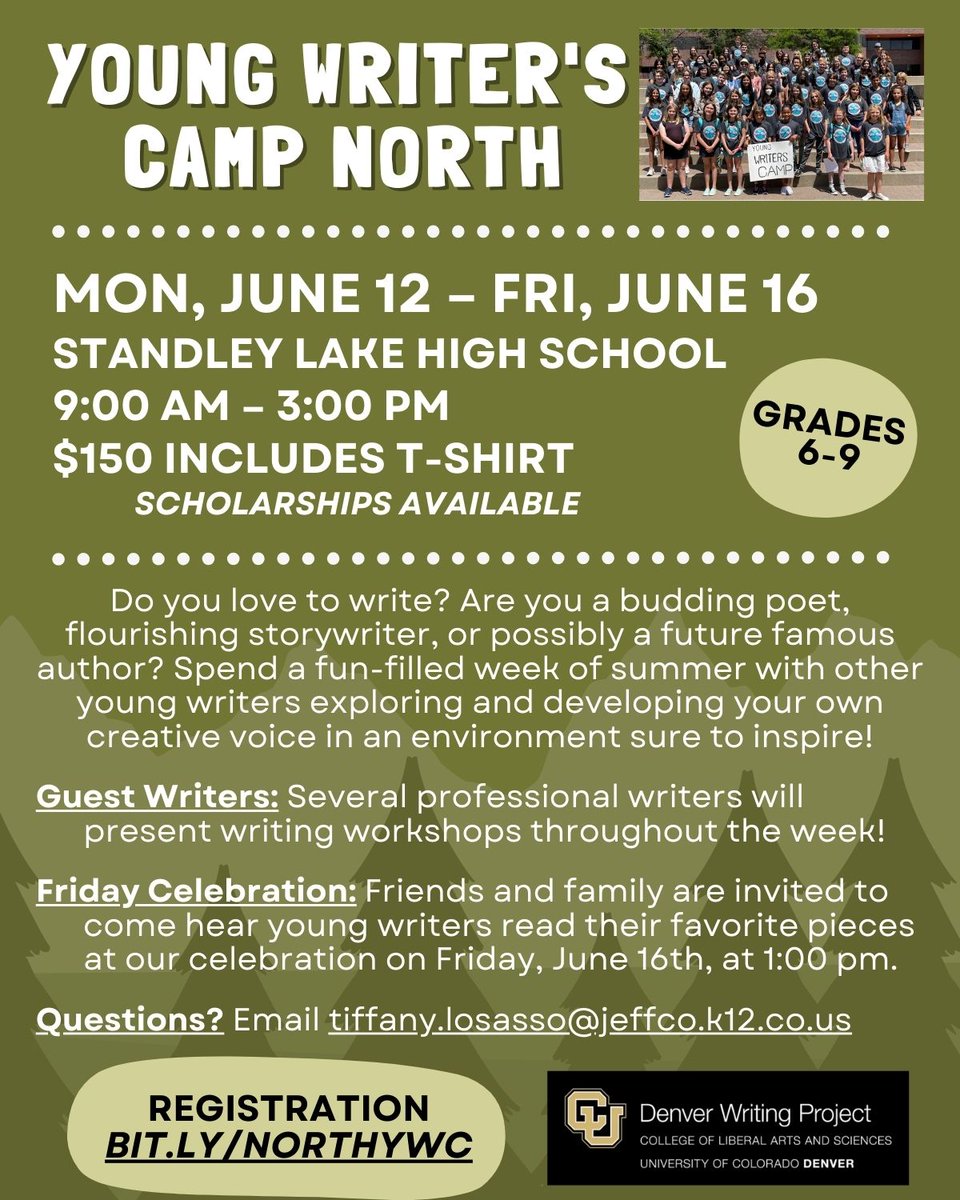 If you enjoy writing &amp; want to spend a week this summer connecting with other young writers- join Mrs. LoSasso &amp; Mrs. Wirth at SLHS from 9am-3pm June 12-16!
North Young Writers Camp is $150 &amp; includes a t-shirt!
Register while spots are still available: bit.ly/No…