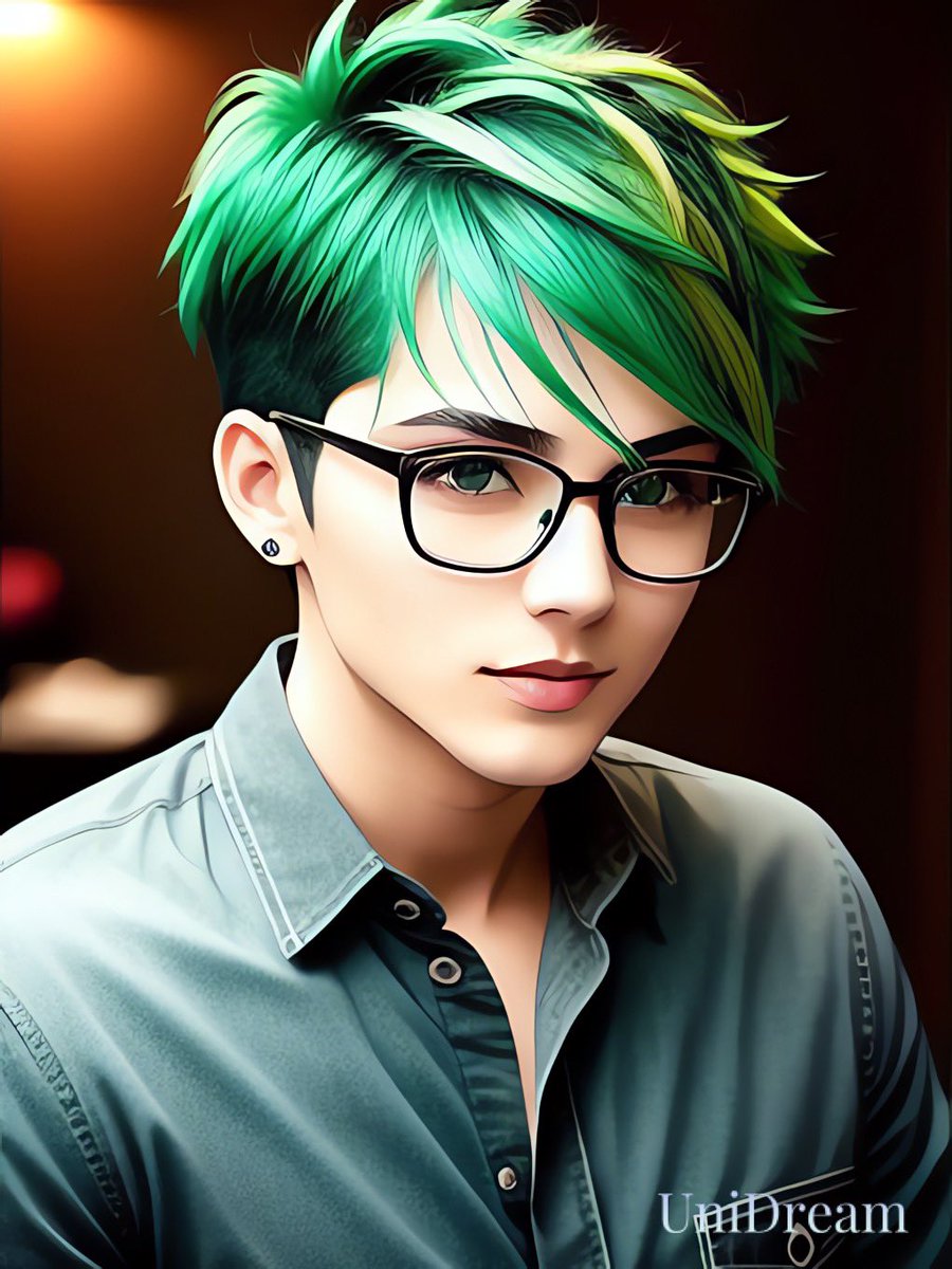 glasses solo green hair earrings jewelry green eyes looking at viewer  illustration images