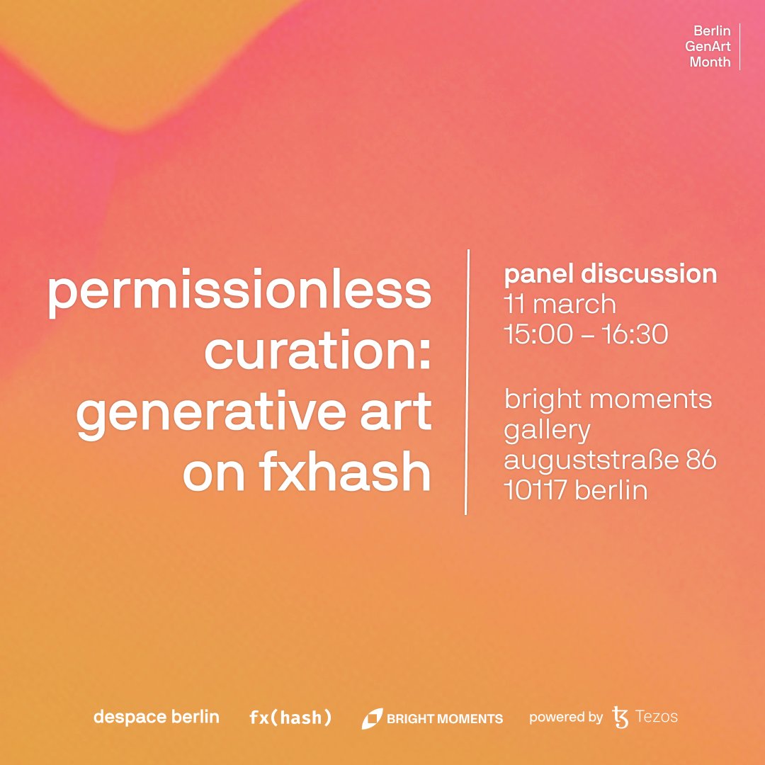 ✨ After launching #berlingenartmonth last night, join us at the <a href="/brtmoments/">Bright Moments</a> gallery tomorrow afternoon for a conversation about #generativeart, #curation, #Web3, <a href="/fxhash/">Shiv</a> and #Tezos. 💬

🔗 eventbrite.com/e/berlin-genar…

<a href="/maltefr_eth/">maltefr</a> <a href="/qaulv/">Paul</a> <a href="/annaluciacodes/">Anna Lucia</a> <a href="/petrapodobnik/">Petra Podobnik</a>