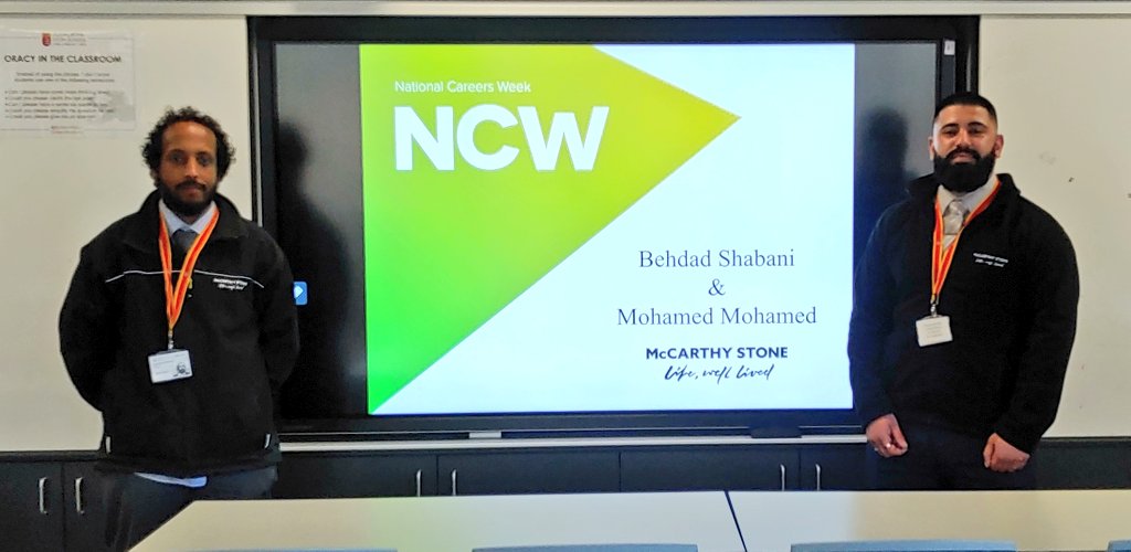 IsleworthCEIAG's tweet photo. Just brilliant to have ex Isleworth students Mohamed Mohamed and Behdad Shabani back to talk to our students about their careers in construction for @McCarthyStone.  #ncw2023 #Construction https://t.co/2T93KENzR9
