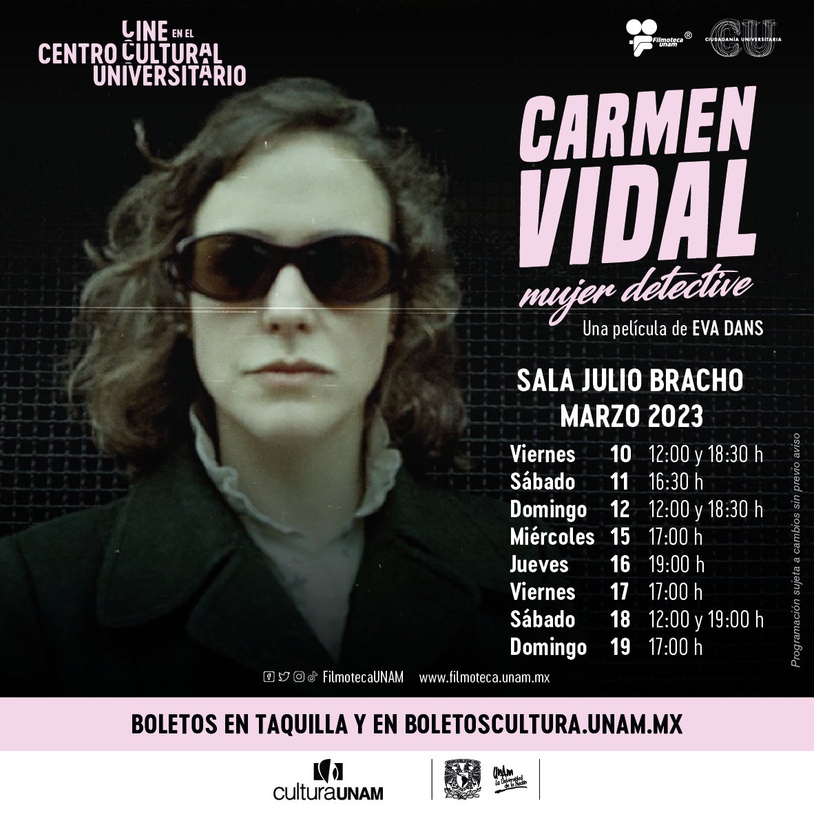 FilmotecaUNAM's tweet photo. #EstrenoUNAM

Una detective privada lucha contra un senador criminal para vengar la muerte de su colega, en una comedia noir sobre la superación personal.

'Carmen Vidal, mujer detective' (2020)
📅Del 10 al 19 de marzo
📍Sala Julio Bracho CCU.
+ https://t.co/aCqdeMPksA https://t.co/3IZvkSSgTK