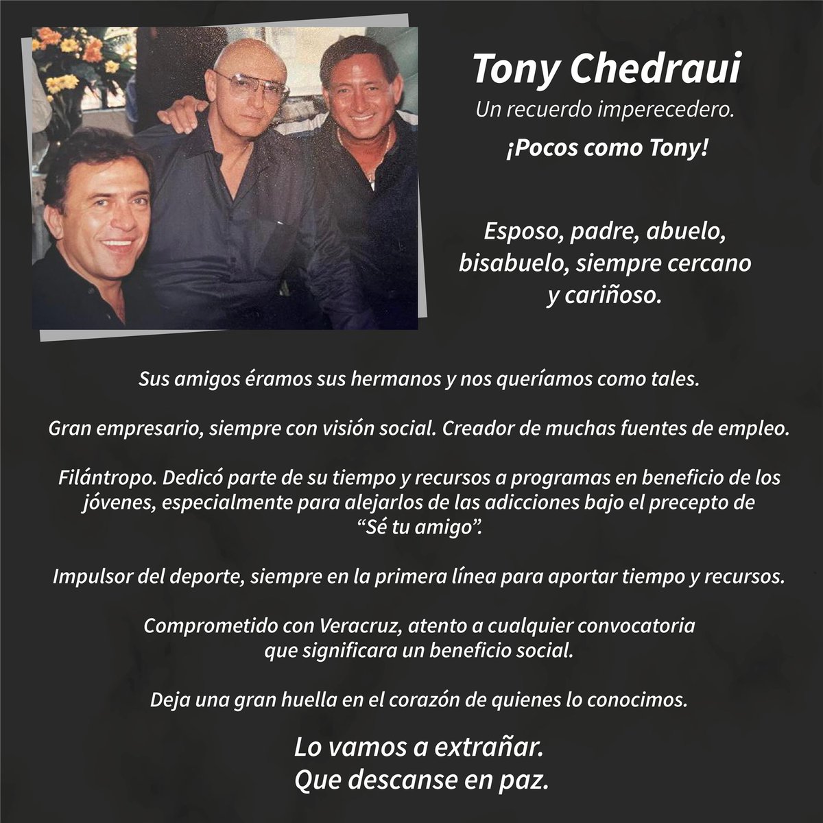 YoconYunes's tweet photo. Tony Chedraui deja una gran huella en el corazón de quienes lo conocimos.
 
Lo vamos a extrañar.
 
Que descanse en paz. https://t.co/uepJmCfYZ1