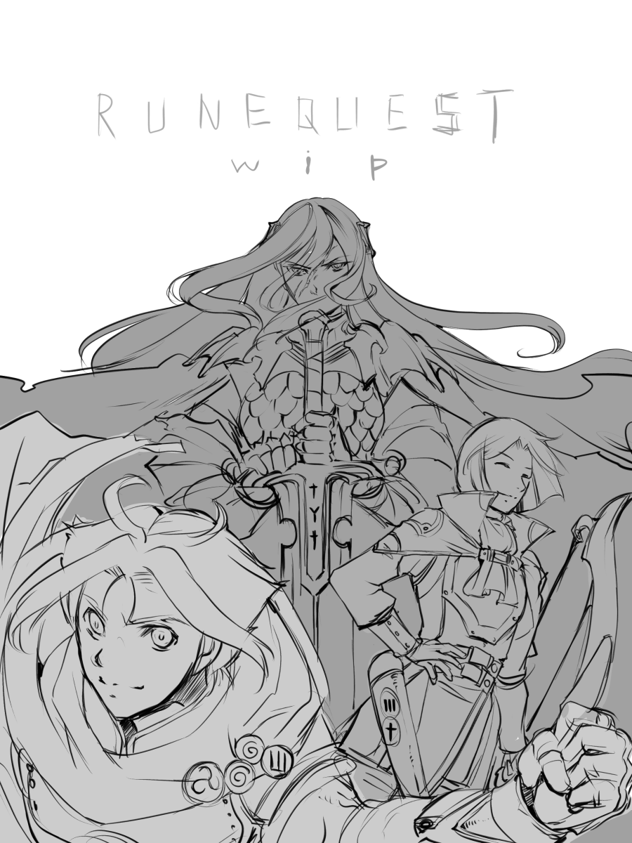 ワタリガラスさんのルーンクエスト小説のキャラデザというか表紙というか落書きというかの描きかけ。あと二名が上手いこと決まってくれない。
オーランスのアホの子は顔だけでオーランシーってわかるツラになって笑ってる。 