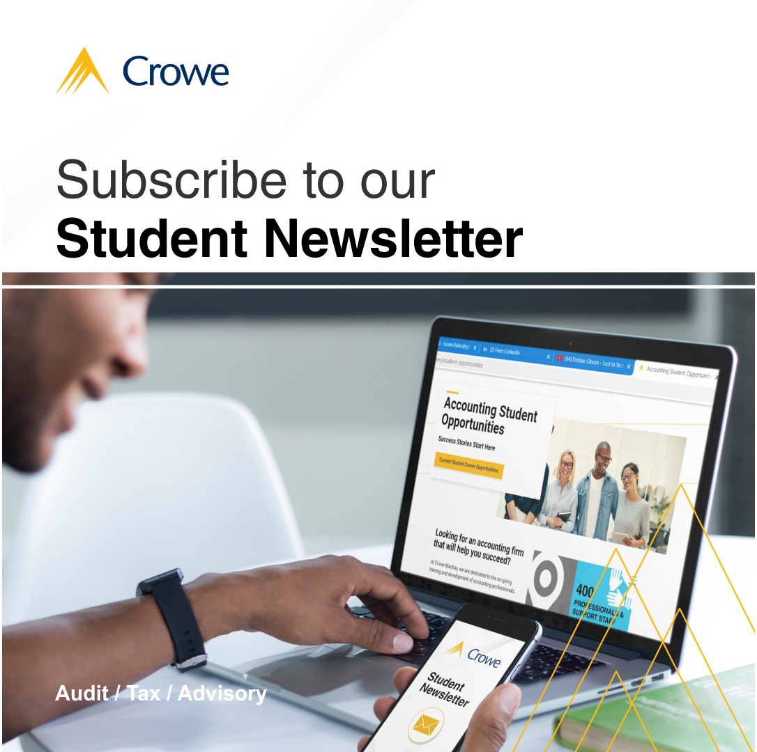 CroweMacKay's tweet image. Are you an accounting student?

Subscribe to our Student Newsletter and be the first to know about careers at #Crowe: bit.ly/2Sd9AkM

#CroweMacKay #GoCrowe