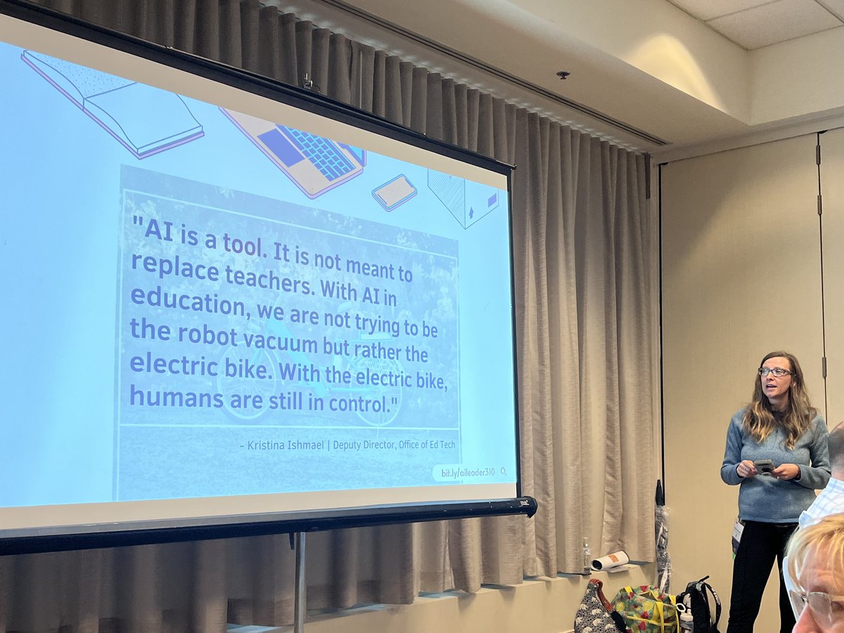 Fantastic #ncties23 session on #ChatGPT and AI! @MolleeBranden shared this perfect quote from @kmishmael about AI as a tool, not a replacement for teachers.