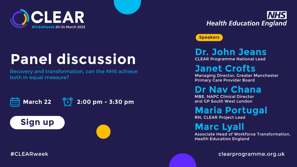 clear4care's tweet photo. Join us for our #CLEARweek 2023 panel discussion when #NHS colleagues @DrNavChana @MarcLyall @JanetCastrogio1 @MariaJMPortugal explore how far the NHS can transform and deliver #sustainable change as it continues to recover core services. Sign up 👉 https://t.co/RVUTueyFax https://t.co/e3kdRkUDUp