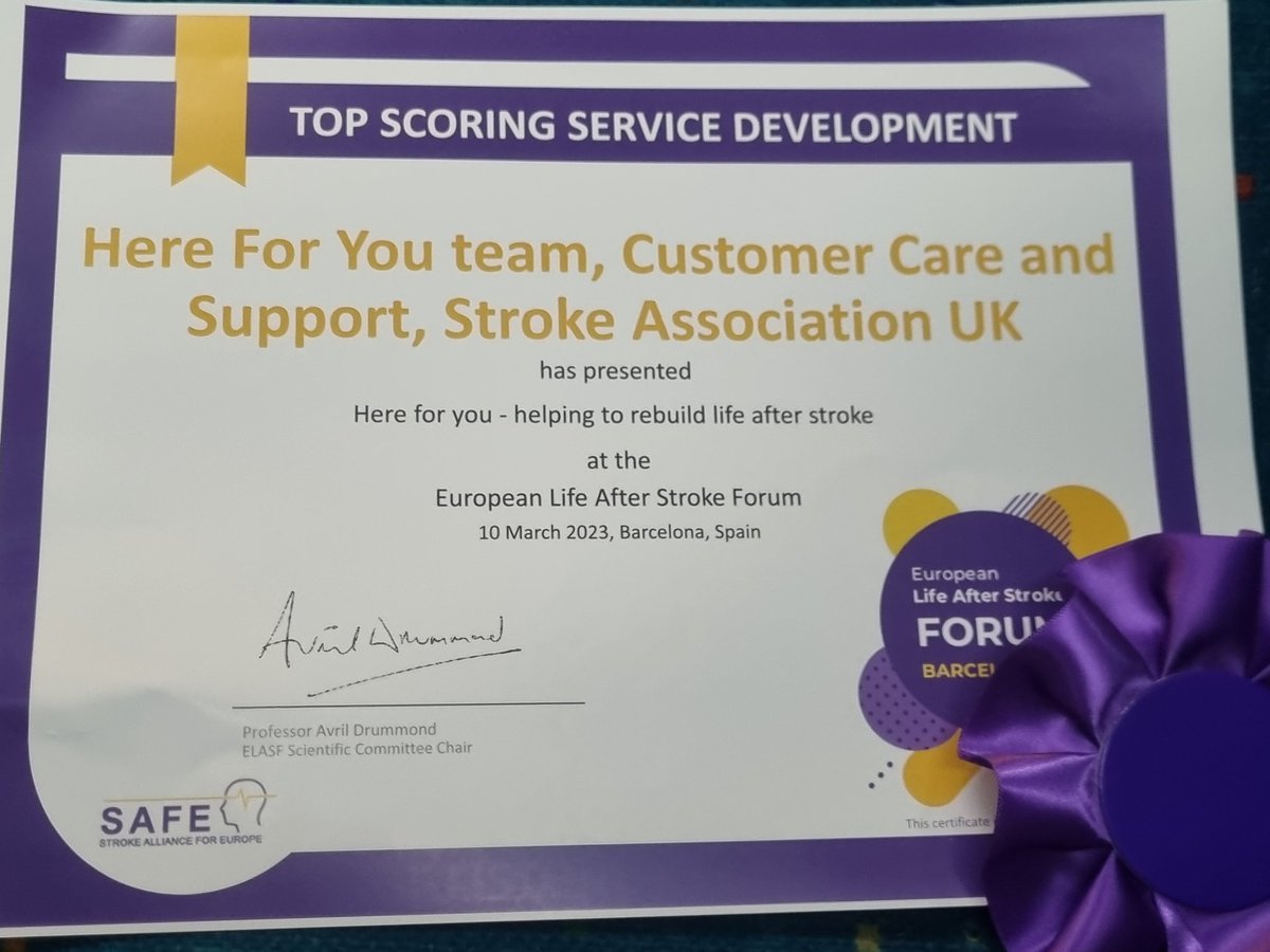 Brilliant inaugral European Life After Stroke Forum. Icing on the cake is that we won the top scoring abstract for my presentation on @TheStrokeAssoc Here For You service!! Congrats to the team back home and all our volunteers who deserve the real thanks! #lifeafterstroke