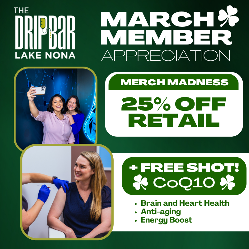 dripbarorl_fl's tweet photo. Our March Membership Perk is Merch Madness, 25% OFF all retail, all month long! PLUS at The DRIPBaR Lake Nona, members can get one free shot of CoQ10. Visit The DRIPBaR Melbourne to learn more. #TheDRIPBaRLakeNona #LakeNona https://t.co/lMBgMPkFP7