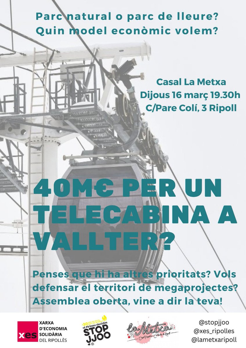 Vine aquest proper dijous <a href="/lametxaripoll/">Casal Popular La Metxa</a> a participar del debat: 40M€ per un telecabina a Vallter? Quin model econòmic volem? Penses que hi ha altres prioritats? <a href="/stopjjoo/">Plataforma #StopJJOO</a> <a href="/XES_cat/">Xarxa d'Economia Solidària de Catalunya</a>