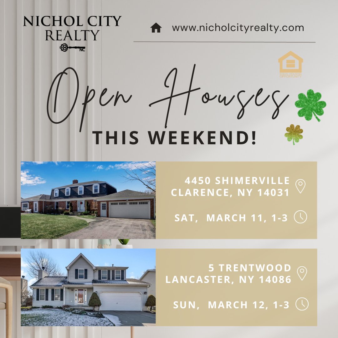 Check out our OPEN HOUSES this weekend in Lancaster & Clarence! 🍀🍀
#nicholcityrealty 🗝 #realestate #realtor #realestateagent #openhouse #buffalony #lancasterny #clarenceny #househunting #homesearch #homebuying
