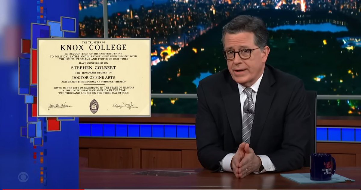 KnoxCollege1837's tweet image. "I am not just a Late Show host, I'm also a doctor. Technically, I'm a Honorary Doctorate of Fine Arts." - Stephen Colbert @colbertlateshow 

Any guesses on where Stephen received that honorary doctorate?

Spoiler Alert: 💜 💛 🔥 🦊 #KnoxProud

youtu.be/QPbuah07wB0?t=…