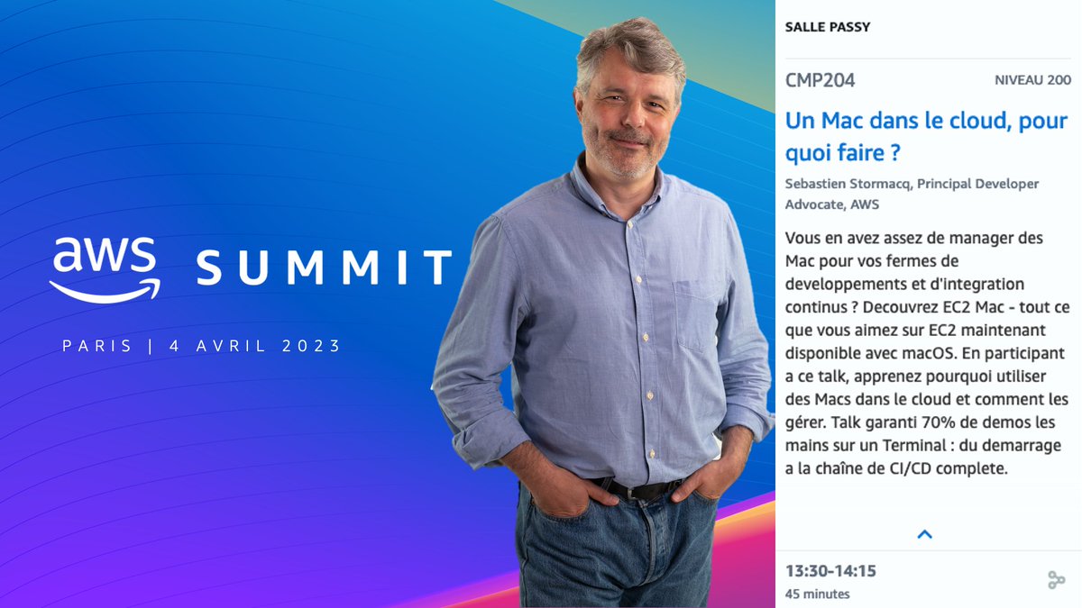 sebsto's tweet photo. Rejoignez-nous le 4 avril au Palais des Congrès à Paris au Summit AWS.

Je présenterai une session Devops sur macOS !

Inscription gratuite ici 👇
https://t.co/wwu80JinAc https://t.co/0dQH8f1TKN
