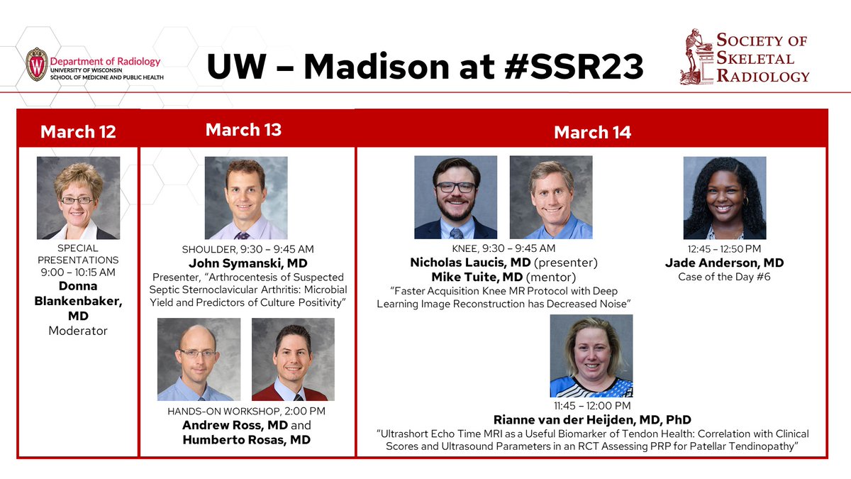 UWiscRadiology's tweet photo. We’re looking forward to #SSR23! Keep an eye out for these presentations by members of UW Radiology! @dblankenbaker2 @JohnSymanski @drewrossmd @Ortho2Rads @rianne_heijden https://t.co/XrpvohKkh8