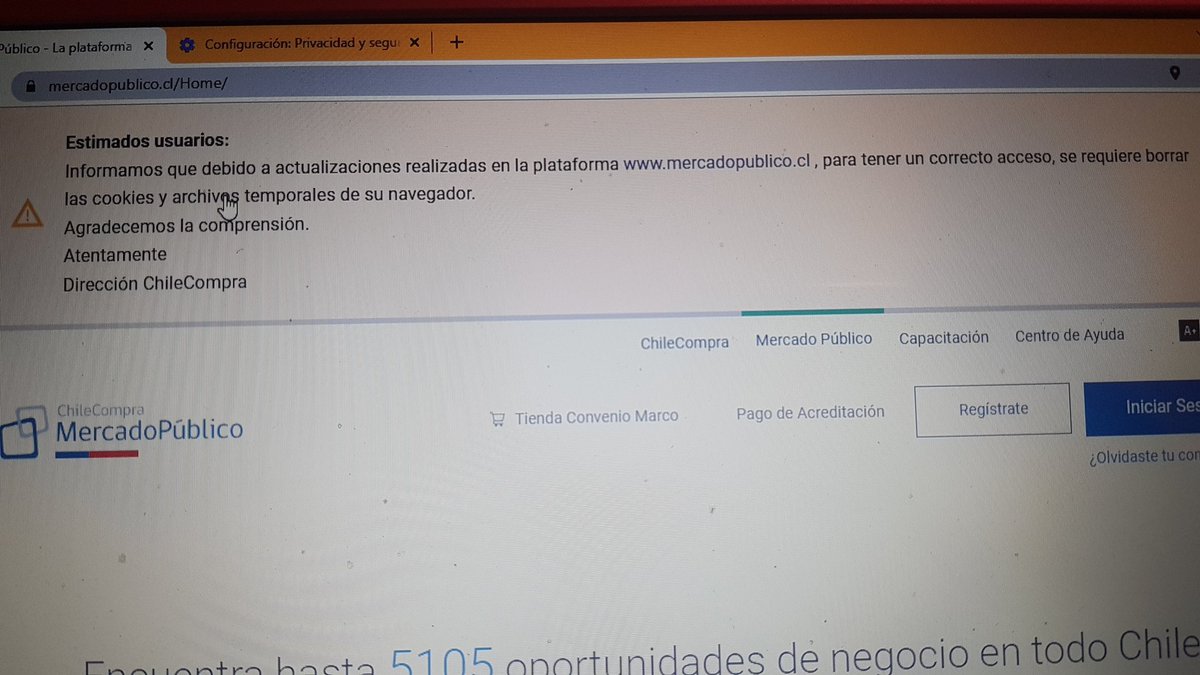 MBarraBlanc's tweet photo. @xtian_serq @MercadoPublico Me resultó haciendo la recomendación que la página al inicio. Borrar los cookies y arhivos temporales del navegador. https://t.co/S1hkbaD8gS