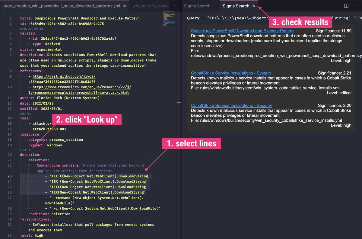 cyb3rops's tweet image. Our Sigma rule extension for @code got a major update by my team member @paulhagertheo 

It allows lookups of similar and related rules &amp;amp; uses a new web service to do that

it&apos;s still new &amp;amp; only superficially tested - feedback &amp;amp; bug reports are welcome

marketplace.visualstudio.com/items?itemName…