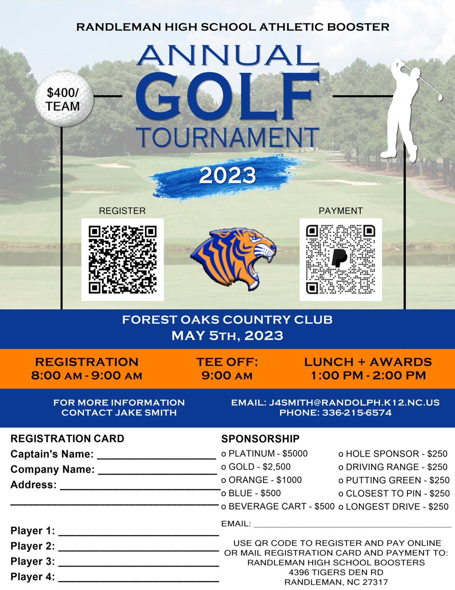 Come be a part of the Randleman High School Athletic Booster Club Goof Tournament! Sign up with the QR codes or mail/drop off the form at RHS. Payment by PayPal, Cash, or Check. There are limited spots available so get your team and sign up quick! See you out there!