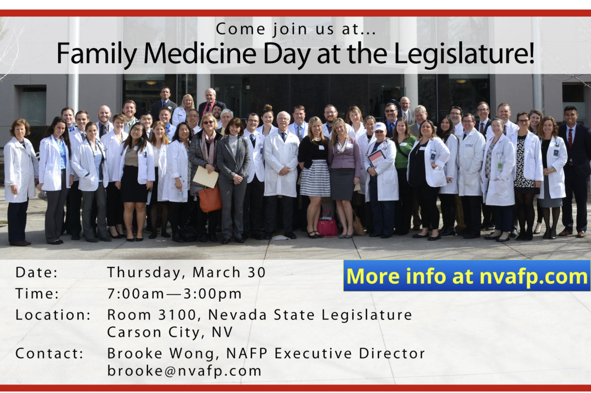 Family Medicine advocacy day at the legislature. Join the Nevada Academy of Family Physicians on March 30 in Carson City. ⁦<a href="/nvafp/">NVAcadFamPhysicians</a>⁩ ⁦<a href="/unrmed/">UNR Med</a>⁩ ⁦<a href="/UNRFamilyMed/">UNR FM Residency</a>⁩ ⁦<a href="/swimmitimmiMD/">Tim Grunert</a>⁩