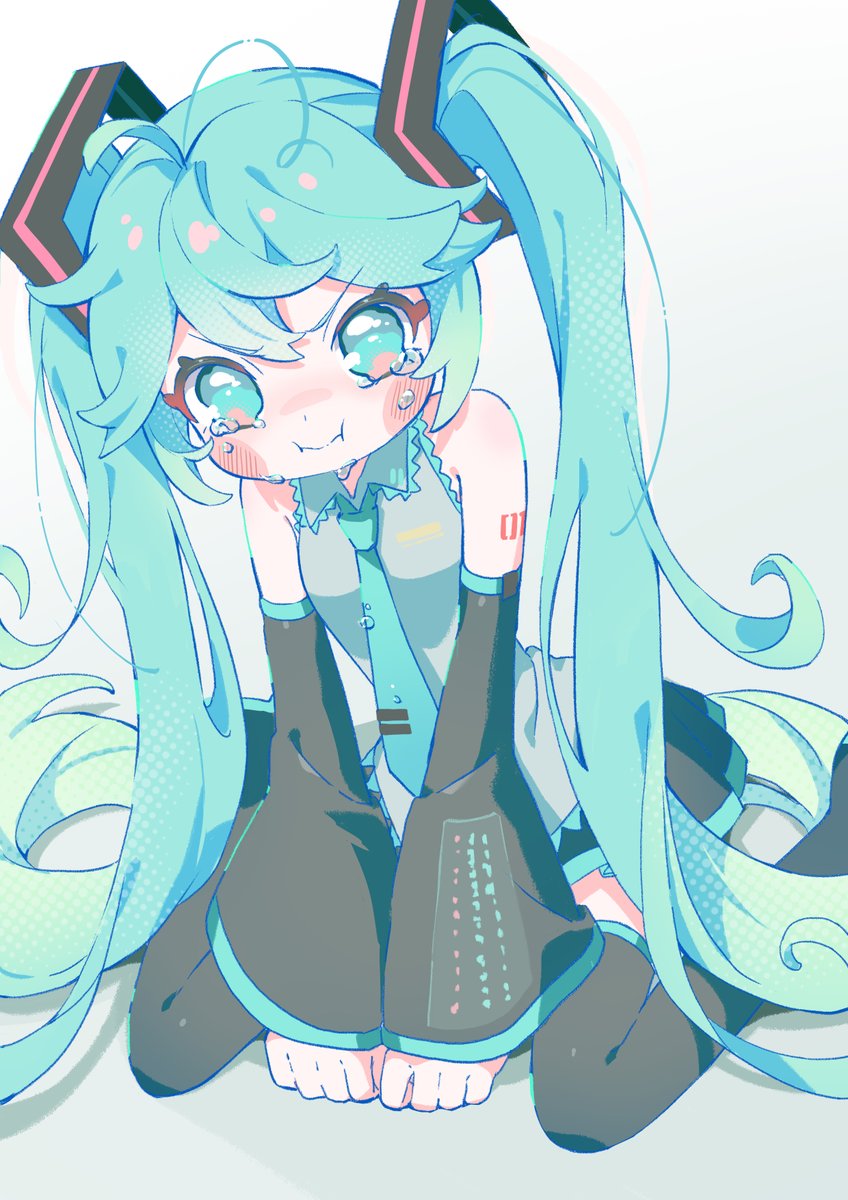 hatsune miku 1girl solo twintails long hair necktie detached sleeves tears  illustration images