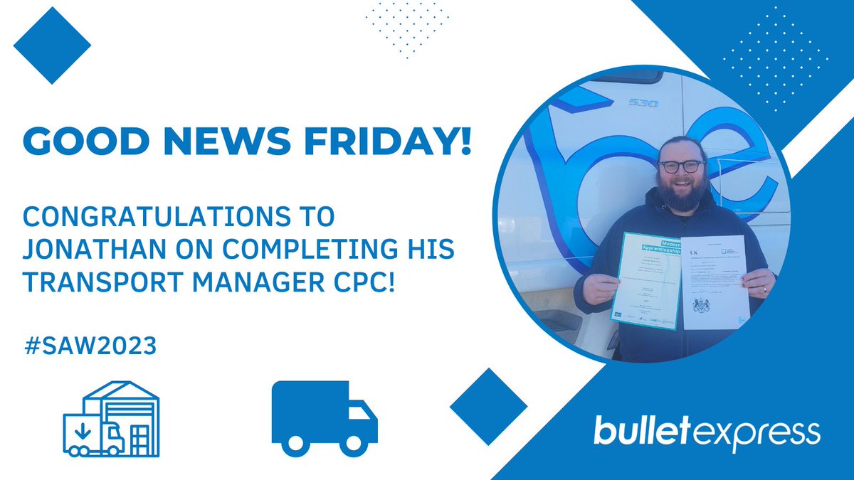 It’s a feel good Friday here at Bullet Express today as we’re thrilled to announce that Jonathan Rose has recently completed his Transport Manager CPC and has been appointed as Transport Manager.

Congratulations from everyone at Bullet Express, Jonny! 👏🚚 #SAW2023