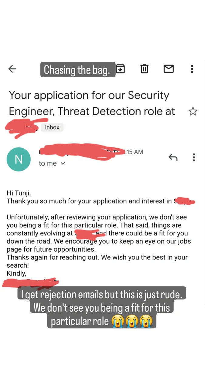 bolininja's tweet photo. Rejection emails could be a little more humane. #infosec #informationsecurity #infosecjobseeker #humanresources https://t.co/ZmvSTP88fO