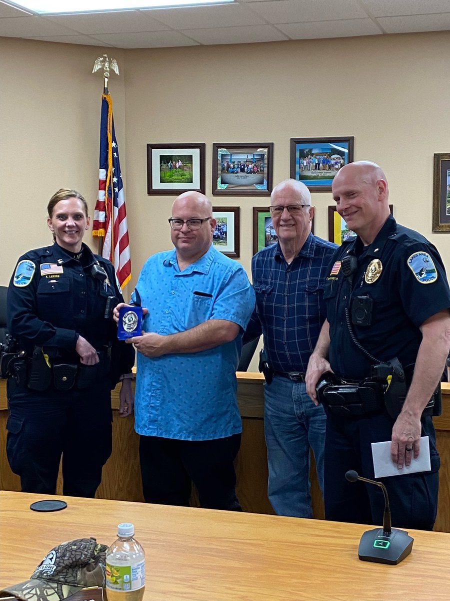 LakesAreaPolice's tweet photo. Wednesday marked the end of an era.  Reserve Office Mark Anderson hung up his belt for the last time.  
Thank you Mark for all your years of service, dedication, compassion, and selfless service. https://t.co/ImzDW79XgN